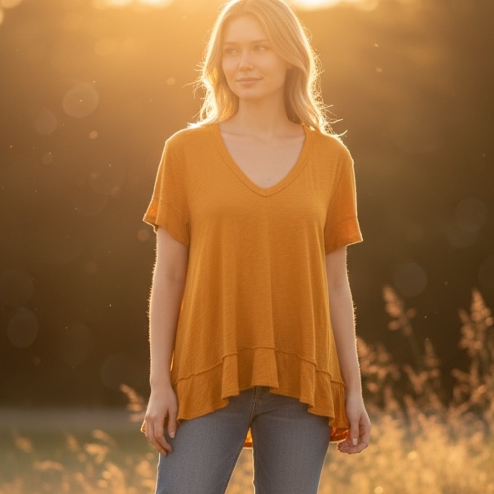 Left of Center Short Sleeve Tunic‎ Ruffled Shirt Top 100% Cotton Size Small Gold